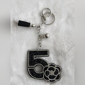 Black and Silver No5 With Elegant Flower Keychain with Tassel Bag Charm